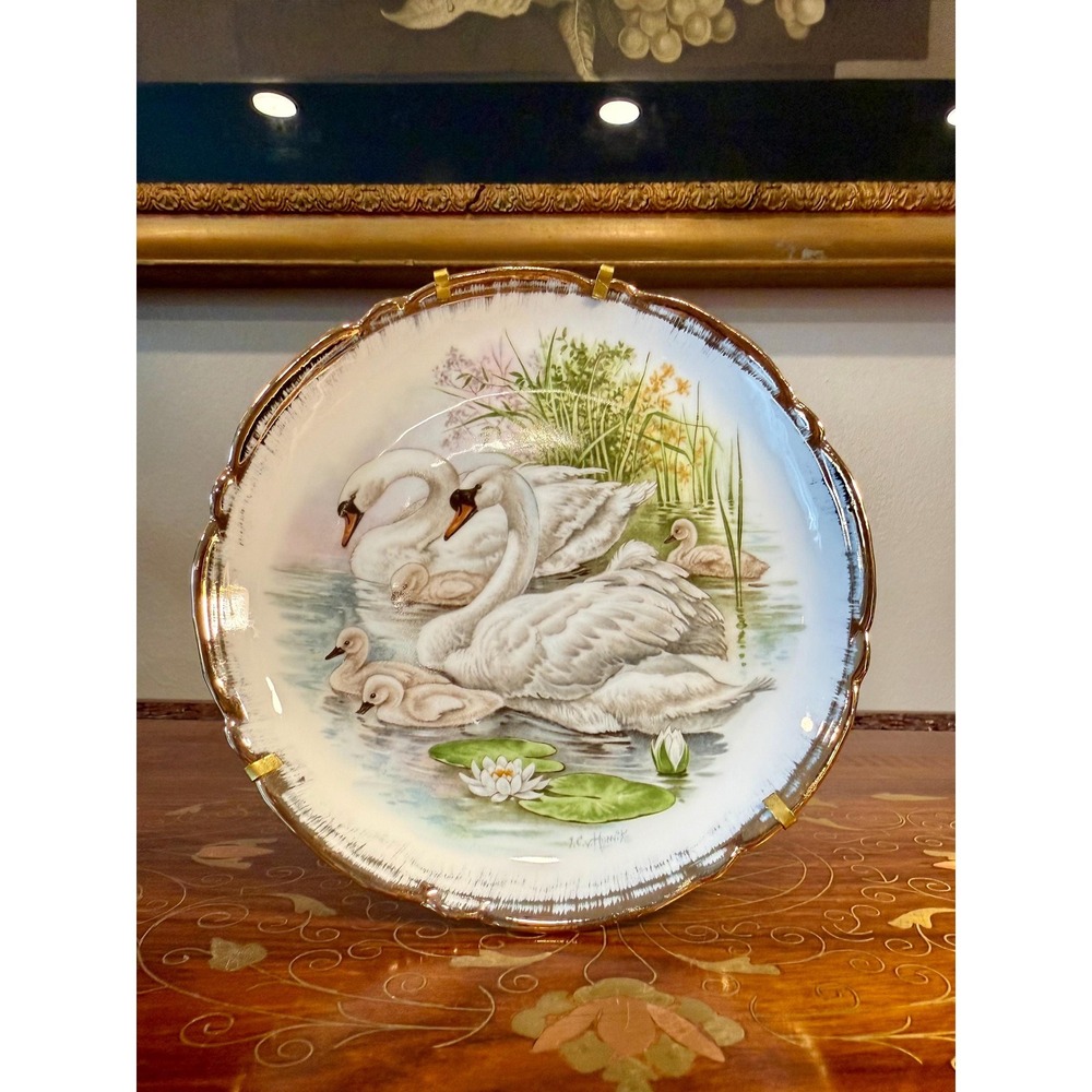 Vintage‎ Limoges Swan Plate, Gold Rim Porcelain Wall Plate